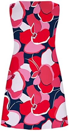 ЛМДУДАН летни маици фустани за жени мода цветни печатени резервоар за кратки ракави облечени обични фустани со мини џебови фустани