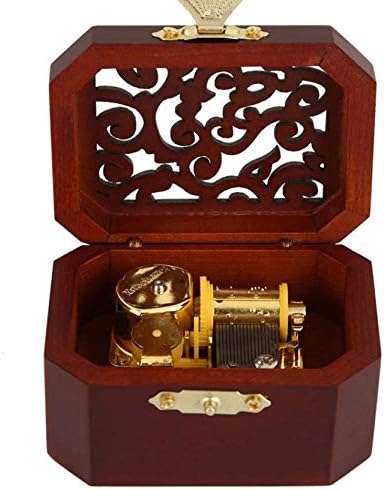 Zhyh Дрвена класична музичка кутија врежана часовник октагонални пресврти со рака и се врти исклучителна гроздобер музичка кутија подарок