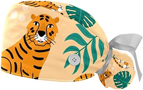 2 парчиња работно капаче со копче лента вратоврска назад цртан филм портокалова тигар зелени тропски лисја Капчиња за торбички од коњчиња за жени за жени