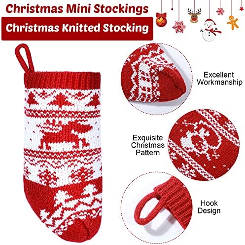 8 парчиња Божиќни плетени мини чорапи 9 инчи рустикален кабел плетено Божиќно порибување црвено зелено плетено плетено снегулка рустикална празнична