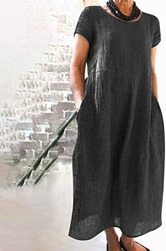 Фустани за жени 2023 година, женска летна обична цврста боја со кратка боја со кратки ракави О-вратот за зашивање лабава џебна