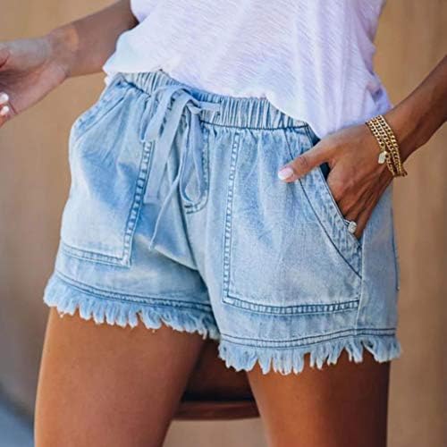 Womenените летни тексас шорцеви женски џеб фармерки тексас панталони женски завој со тасели во долниот необичен шорцеви полите