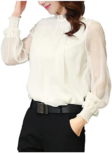 Врвна бистиерна маичка за дами лето есен долг ракав 2023 шифон екипаж, мрежа Корсет корсет бистиерна салон блуза FP