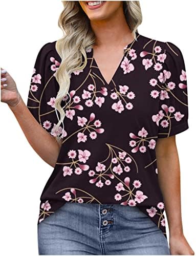 Цветни печатени врвови за жени, женска маица со врат лето лето-лежечки меурчиња за графички маички со кратки ракави со кратки ракави