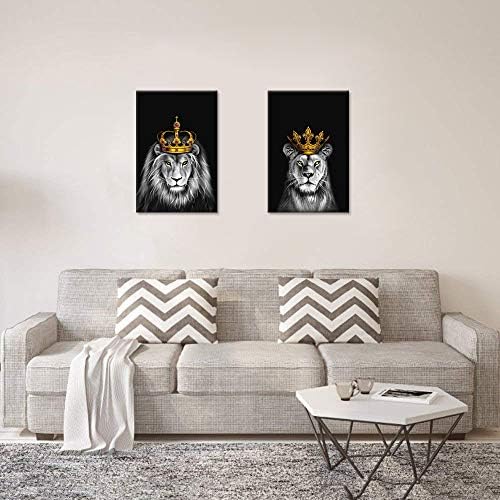 ihappywall 2 парчиња поставени лавови и лавовични платно wallидни уметности црно -бел лав со злато круна кралско животно слика уметнички дела за