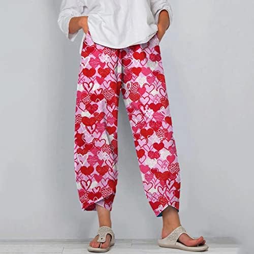 Женски обични памучни постелнини со широки панталони со широка нога денови на в Valentубените, опуштени еластични половини, панталони со панталони