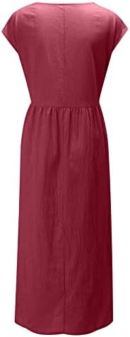 Хоксин женски летен обичен фустан Бохо плус големина памук постелнина макси фустани капаче за ракав цврсто лабава проточна плетена