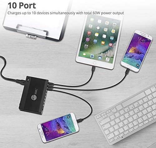 SIIG 60W 10 PORT USB Wallид полнач - станица за полнење на USB Multi Port - Преносен полнач за патувања за iPhone, iPads, Samsung,