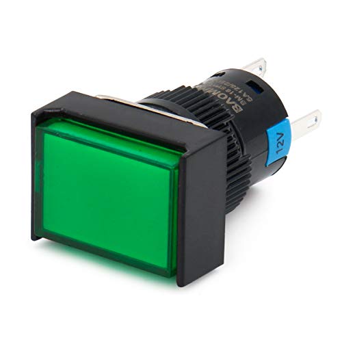 Baomain 5/8 16мм прекинувач за копче за притискање Моментарна правоаголна капа LED светилка Зелена светлина DC 12V SPDT 5 пински пакет