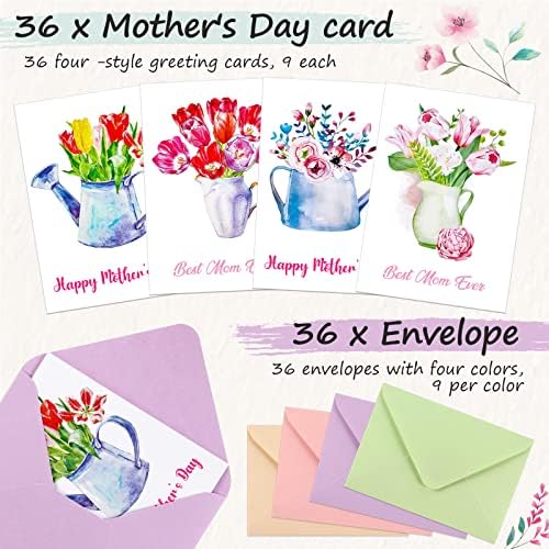Јутом 36 Комплети Картичка За Денот на Мајката Рефус 4 х 5,5 Инчи Избрани Цветни Картички и Пликови Мали Картички За Забелешки