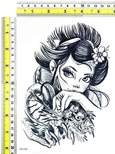 Парита големи тетоважи девојка гејша воин јапонски змеј цртани налепници налепница вода трансфер лажна тетоважа 3Д водоотпорна привремена уметност
