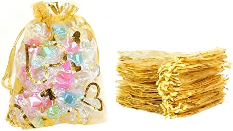 Zhouzzoou органза накит за подароци торбичка торбичка торбичка за срце, свадбени торбички Божиќни накит торбички златни 3,5 x 4,7 инчи 100 парчиња