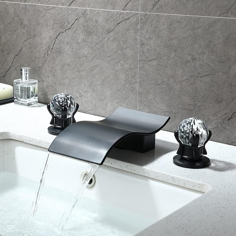 Хауселибе црна тапа за мијалник за бања со две рачки за кристално копче, широко распространета палуба за када од када 3 дупки миксер за водопад во водопадот допре
