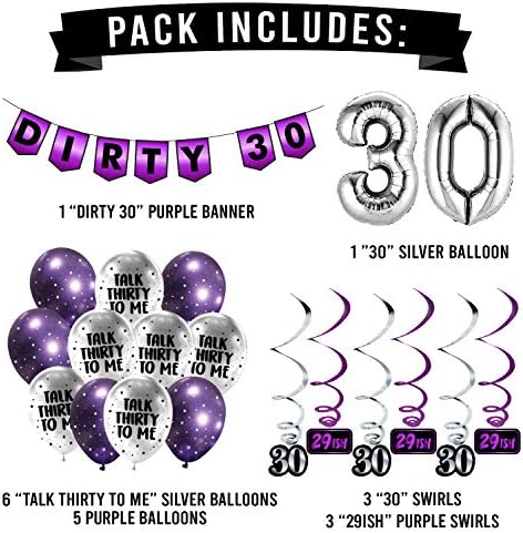 30 -ти роденден Виолетова забава пакет - 30 -ти роденденски банер, балон и пакети за вртења - Декорации за роденден - 30 -ти роденденски материјали,