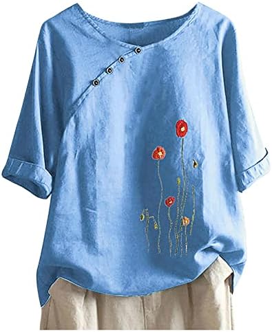 Женски плус големина постелнина врвови гроздобер цветно копче за печатење маица, тркалезна вратот половина ракав блуза летни обични