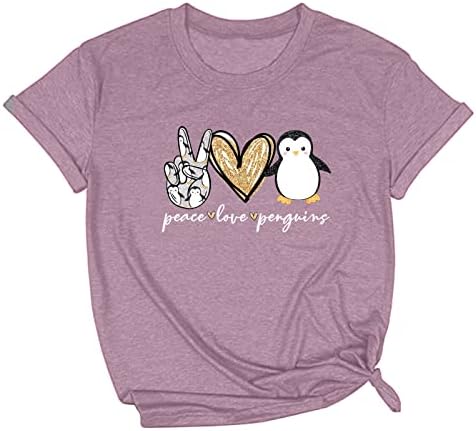 Мир Loveубов пингвини маица женски симпатична пингвин печати кратки ракави врвови на екипаж, обични графички маички летни блузи