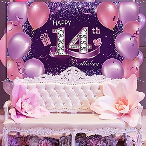 Среќен роденден Банер за позадина Екстра голема среќна среќна 14 -та роденденска забава Декорација на розова виолетова фото -штанд