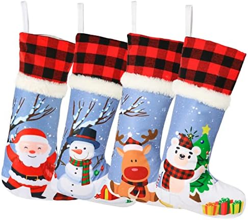 Божиќни чорапи на Аопуро 4 пакувања, 18 инчи симпатични камин Божиќни чорапи Санта Снежен човек ирваси Пингвин Големи Божиќни