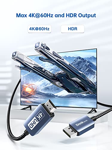 Dockteck Displayport до HDMI кабел 4K 60Hz, DP до HDMI кабел 8ft, кабел за порт на порта за прикажување со голема брзина UHD монитор, еднонасочен