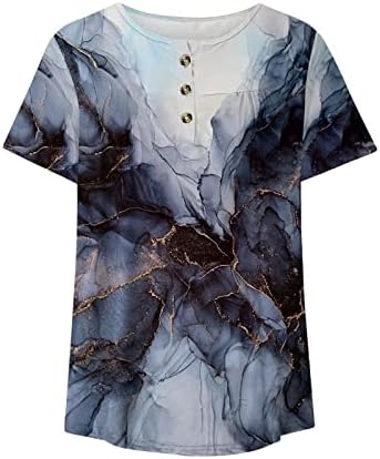 Туника на врвови за жени за хеланки лето лабава лесна обична маичка со кратки ракави мода, цветни печатени маички со маичка Хенли