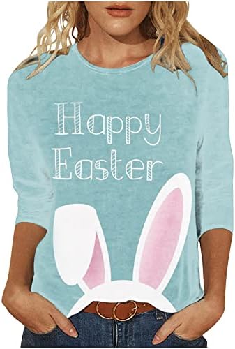 Среќни маици за велигденски зајаче за жени 3/4 ракав тркалезен врат пуловер лабава обична маичка на мајката Денот на мајката