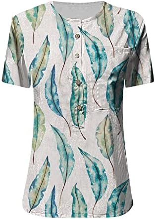 Женски врвови цветни блузи со блуза четвртина копче на хавајски кошули Краток ракав Хенли врат 2023 летен постелнина маичка