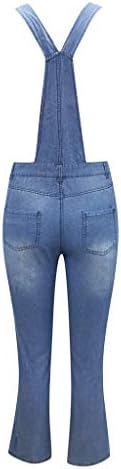 Women'sенски сини плејсии измиени тексас биб фармерки со џебни комбинезони, случајни искинаа тексас скокачки суровини есенм ромпер жени