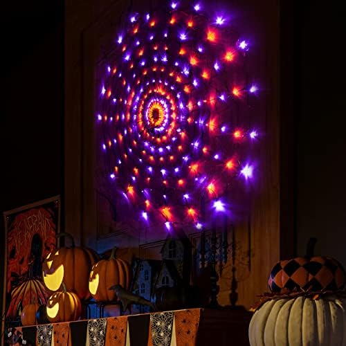 Декорации за веб -светла за вештерки на вештерките, 6,56 ft 200 LED диоди портокалови и виолетова осветлена веб -страница за застрашувачки