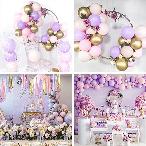 Забава виолетова Розова Златни Балони, 60 парчиња 12 Инчни Виолетови Балони, Светло Розеви Балони, Златни Метални Балони И Розови Балони,