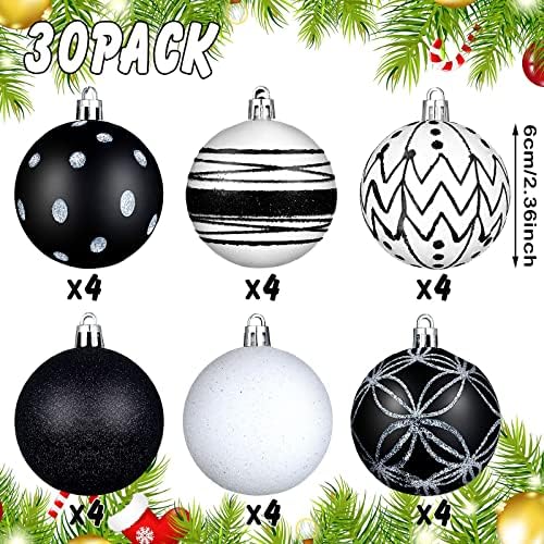24 парчиња 60 мм црни и бели зимски топки украси, виси бода топка модерни топки поставени за домашни броеви на куќички за забава