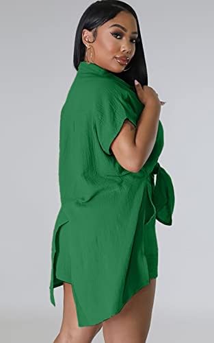 Ремелон женски лето 2 парчиња облека со кратки ракави надолу на врвовите на земјоделски култури со цврсти бои шорцеви со џебови дневни комплети