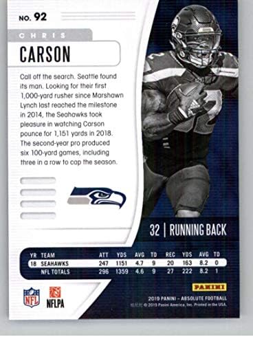 2019 Апсолутен #92 Крис Карсон Сиетл Сиетл Seahawks NFL Football Trading Card