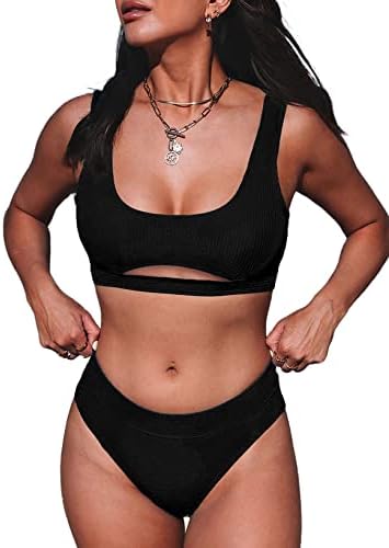 Herseas Women's Cutout Chorp Top Bikini Set Sports 2 парчиња дрски со високи половини со високи костими за капење со висок половината