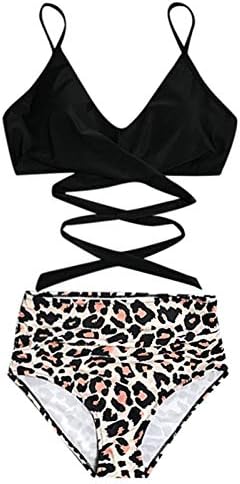 Knosfe женски две парчиња бикини сетови на леопард печатење предни костуми за капење за пливање, вратоврски од вратоврски од високо половината плажа
