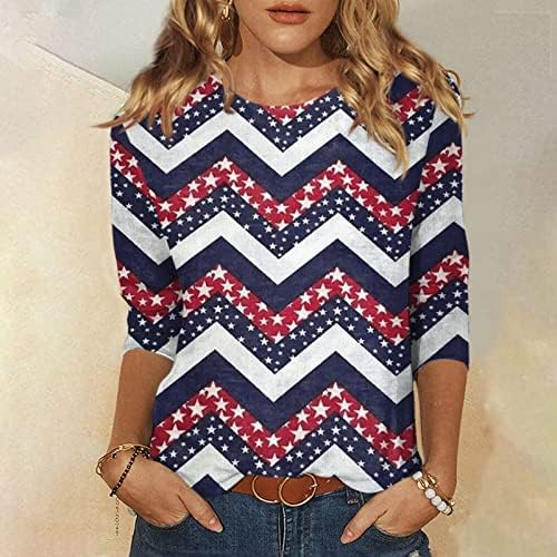 Starsвездите и лентите за печатење на женски врвови, 3/4 ракави со екипаж маици со летни џемпери за жени за жени
