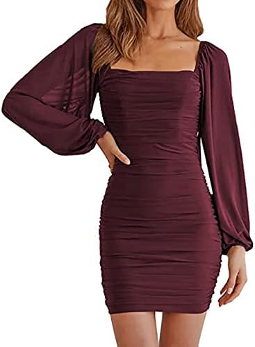 Цврст миди фустан квадратен јака ракав со долг ракав фустан висока еластична мрежа тенок здолниште Девојки жени гроздобер фустан