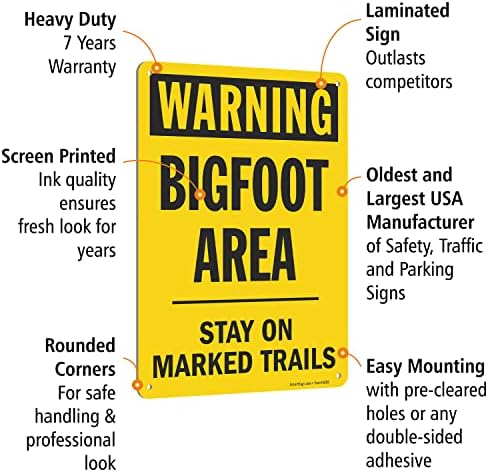 SmartSign 14 x 10 инчи „Предупредување - подрачје на Бигфут, останете на обележани патеки“ Сасбач Метал знак, 40 мил.