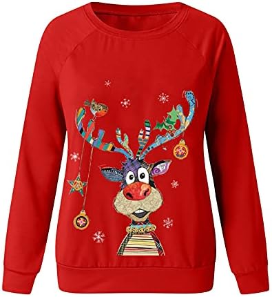 Божиќни џемпери, жени со долги ракави ирваси печати џемпери пулвер случајни симпатични кошули со екипаж црвени