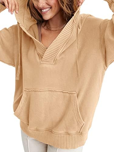 Panesare женски обични дуксери со долги ракави V вратот лесен џемпер со качулка, лабава пулверска врвови