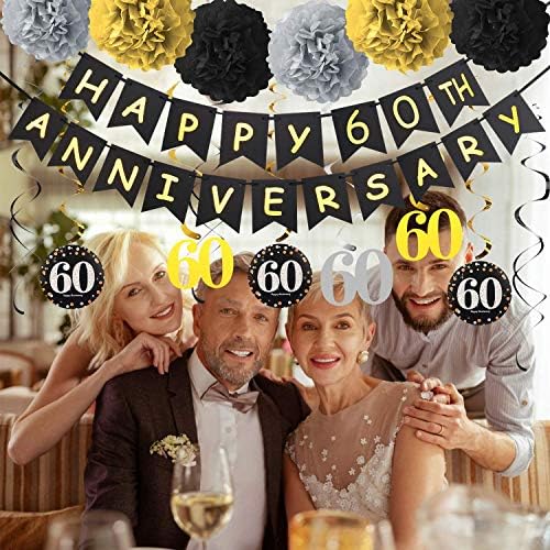 60-Годишнината Украси Материјали Комплет-Злато Сјајот Среќен 60-Годишнината Банер, 9 парчиња Пенливи 60 Виси Вител, 6 парчиња