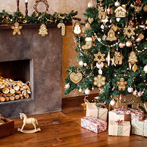 24 парчиња рустикална декорација на новогодишна елка, дрво украси од ѓумбир од ѓумбир од ѓумбир од снегулка, срце момче девојче bellвонче
