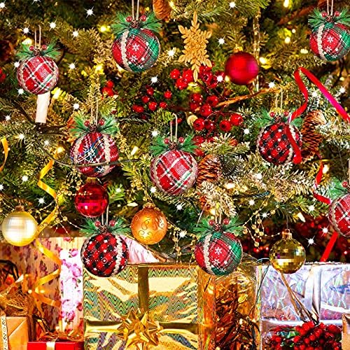 12 парчиња божиќна карирана боја украс Декоративна божиќна топка 3 инчи црвена биволска карирана ткаенина топка украс новогодишна елка карирана