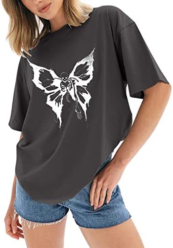 Преголеми графички маички, гроздобер шема отпечатена екипаж со кратки ракави, удобни тунични врвни маички маички за жени