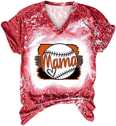 Врзај боја Бејзбол мама кошули за жени кошула ракав летен v врат Туника врвови случајни лабави ден на мајката Основни маички врвни врвни