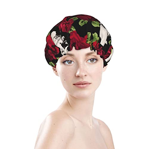 Womenените што можат да се користат затегнати капа за коса, роза црна череп, двојни слоеви водоотпорен туш капа за бања