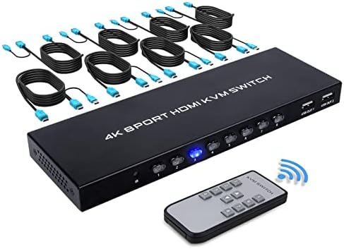 HDMI Kvm Прекинувач, 8 Порт USB HDMI Прекинувачи, 8 во 1 Надвор KVM Со IR Далечински Управувач и 8 KVM Кабли, Поддршка 4K@30hz и Решетката Монтирање