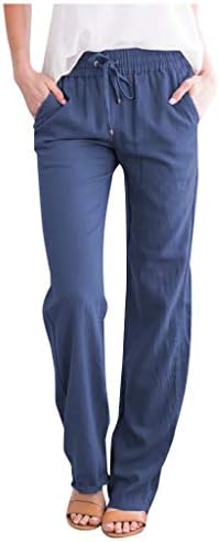 Женски памучни постелнини влечење високи панталони за половини летни палацо панталони обични лабави панталони со широки нозе со џебови