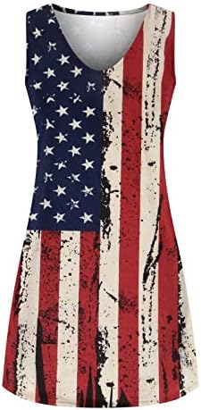 4 јули мини Фустан За Жени Лабава Лежерна Летна Мини Фустан Без Ракави В - Врат Американско Знаме Патриотски Фустани На Плажа