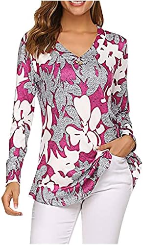 2023 плус големина на пролетни врвови за жени фустани обичен врвен пулвер со долги ракави кошули со екипаж, цветни блузи, маици на пајсли