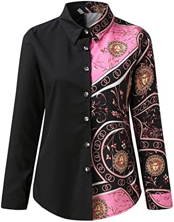 Fmchico женско секси копче надолу кошули во боја блок со долг ракав јака лабава маица блуза врвови